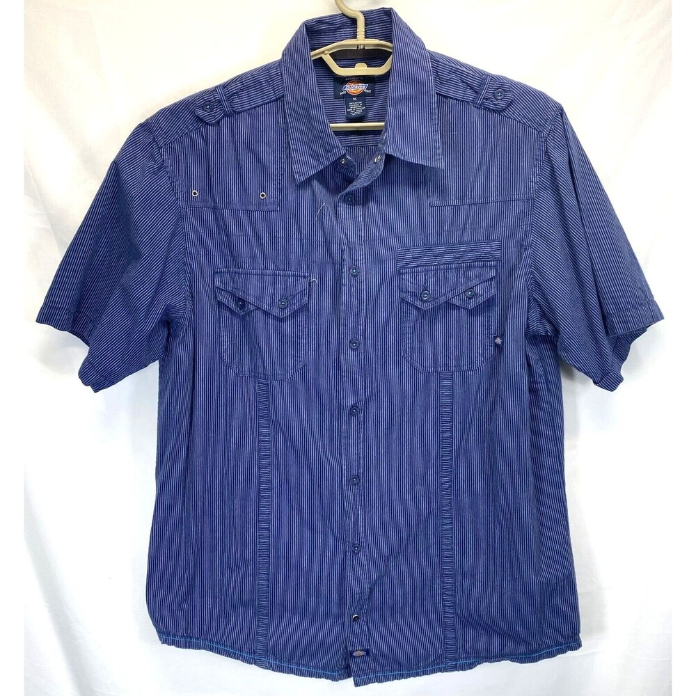 Dickies Men's XL Shirt Blue Stripe Short Sleeve Pearl Snap/Button Denim Workwear